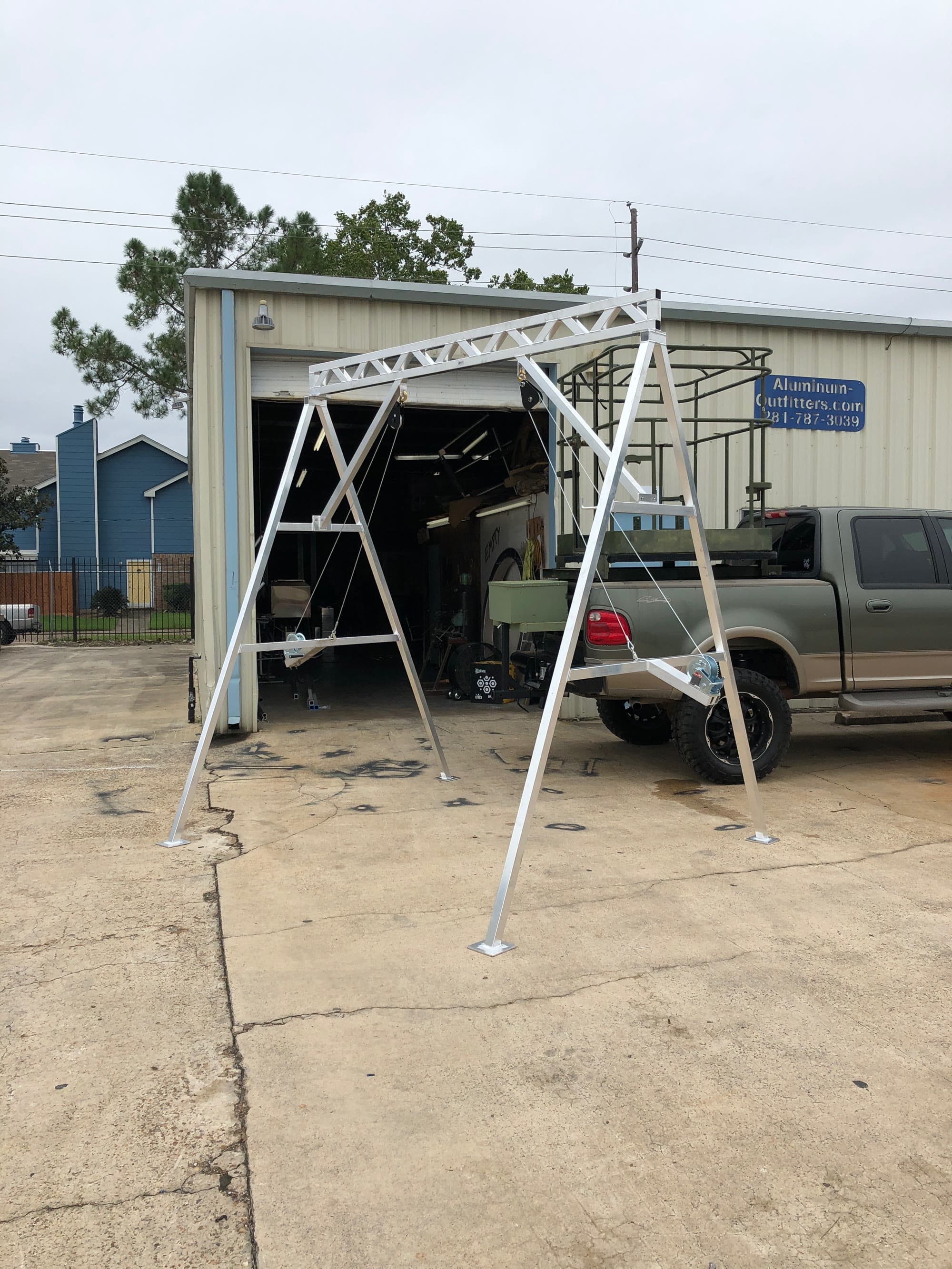 Aluminum A-frame skinning rack, welded and ready to hang.